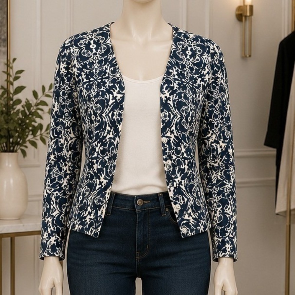 Carole Little Womens Cardigan 100% Merino Wool Blue Damask Button Front M